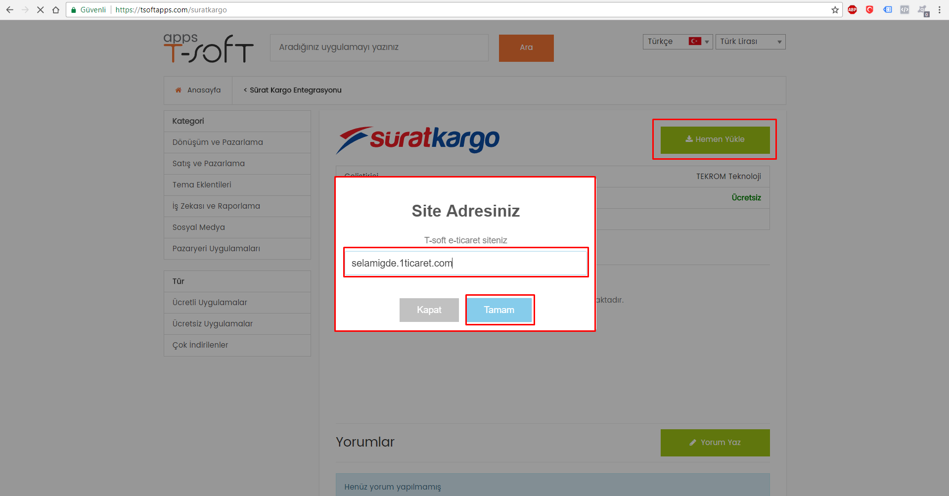 Sürat Kargo Entegrasyonu TSoft Uygulama Marketi