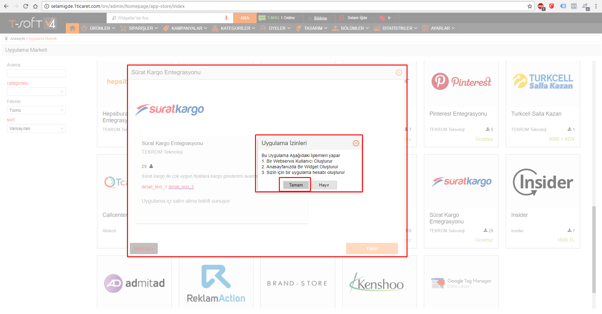 Sürat Kargo Entegrasyonu TSoft Uygulama Marketi